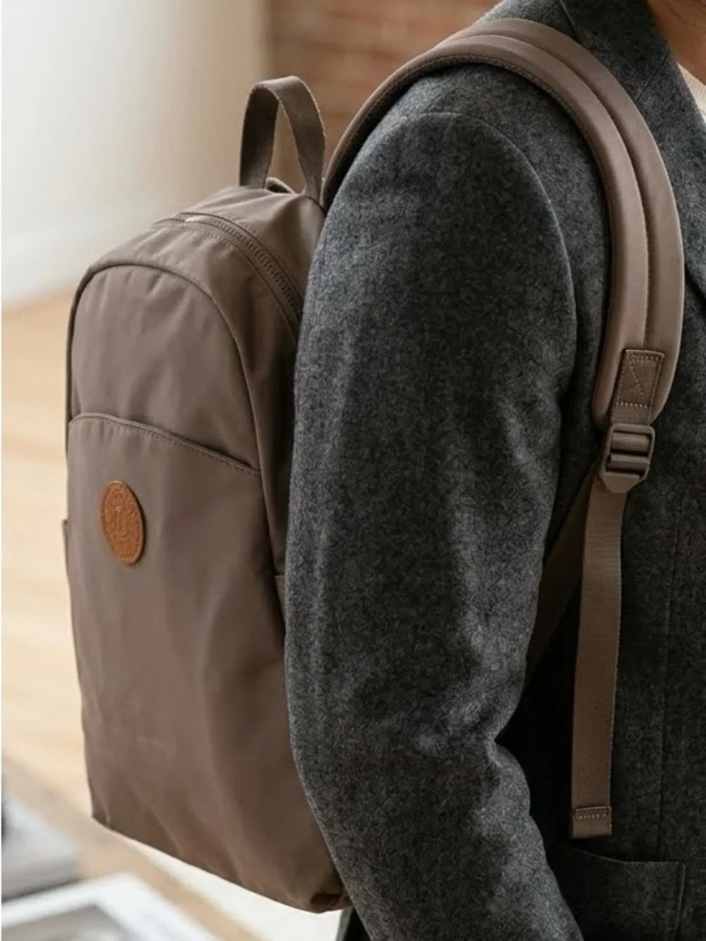 Dafuqi Backpack Taupe Gray Tan Faux Leather Silver Accents medium size NWT